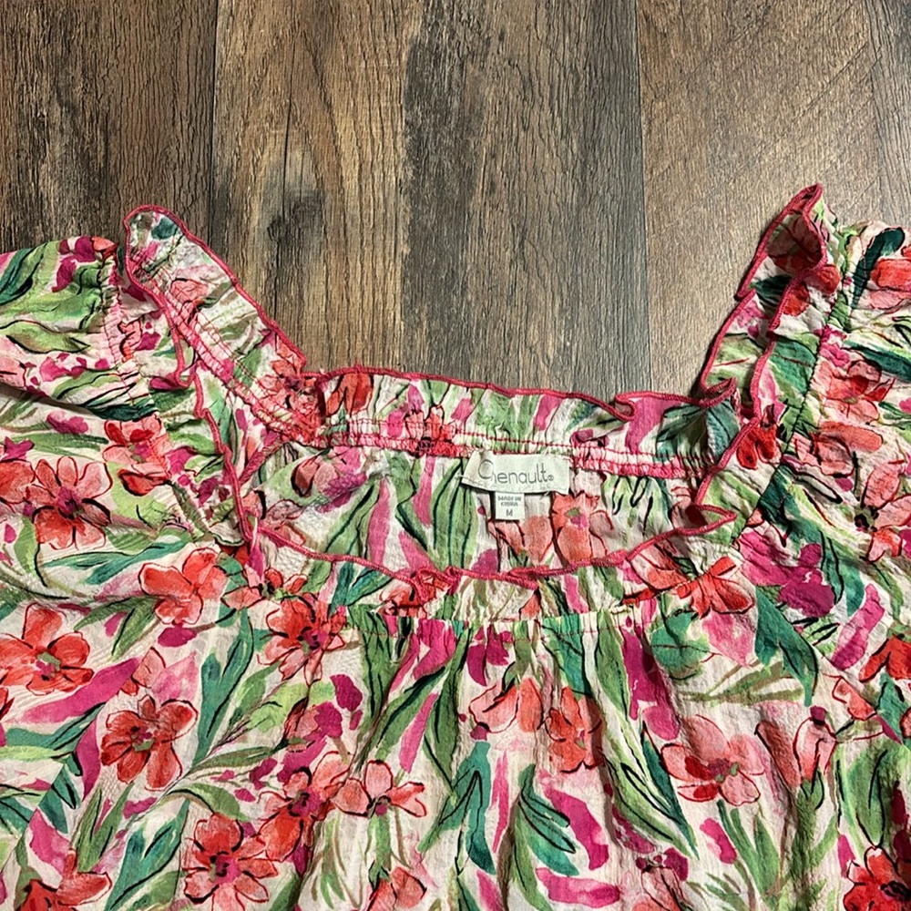 Chenault Pink and Green Floral Ruffle Sleeve Top - Picture 3 of 5